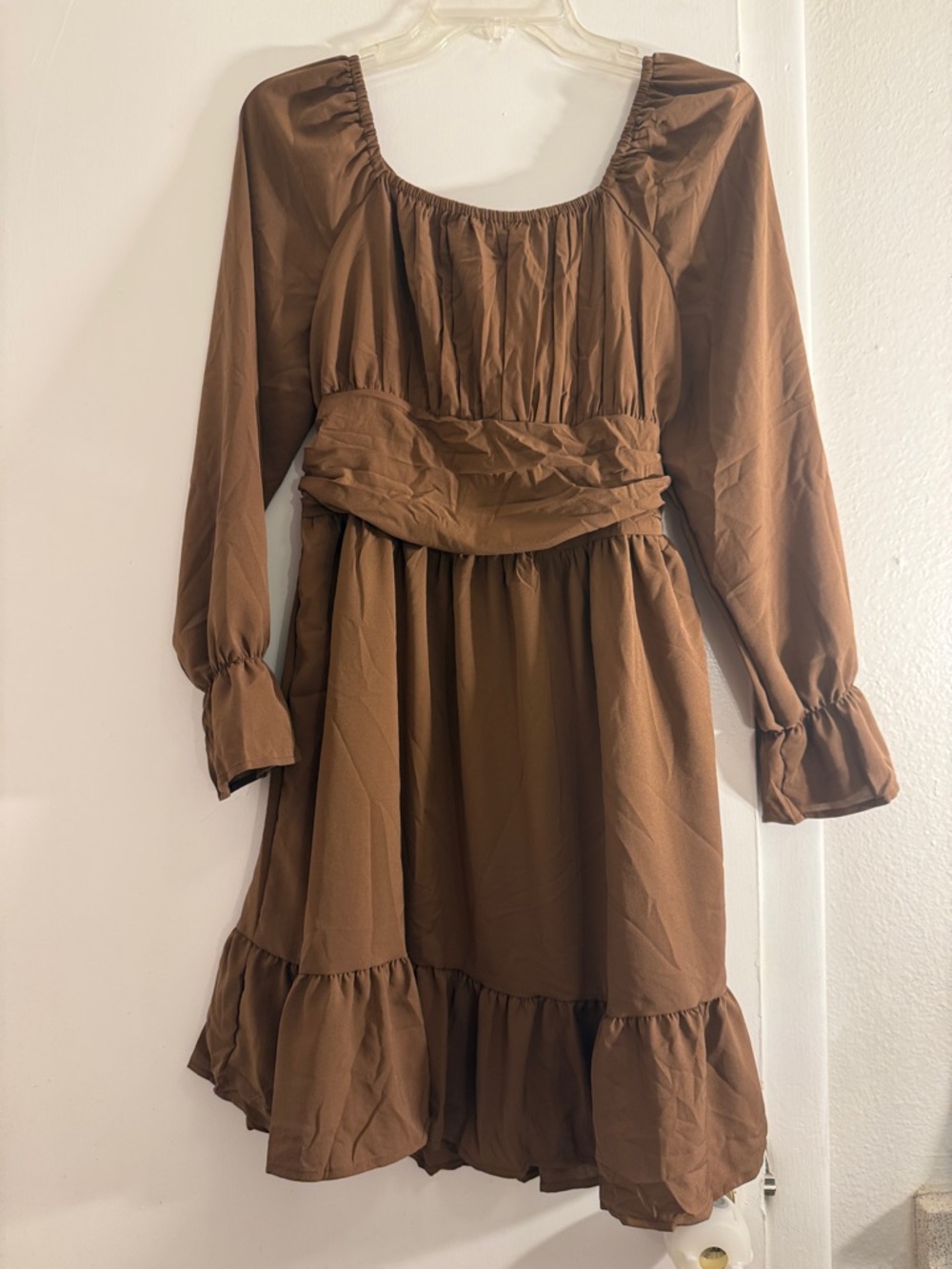 Brown Long Sleeve Ruffle Hem Dress